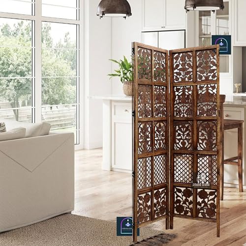 Image of Wooden Room Divider 2 Panel 6 Feet | Freestanding Room Partition Screen with Burnt Wood Finish | Hand Buffed Traditional Handicraft Design