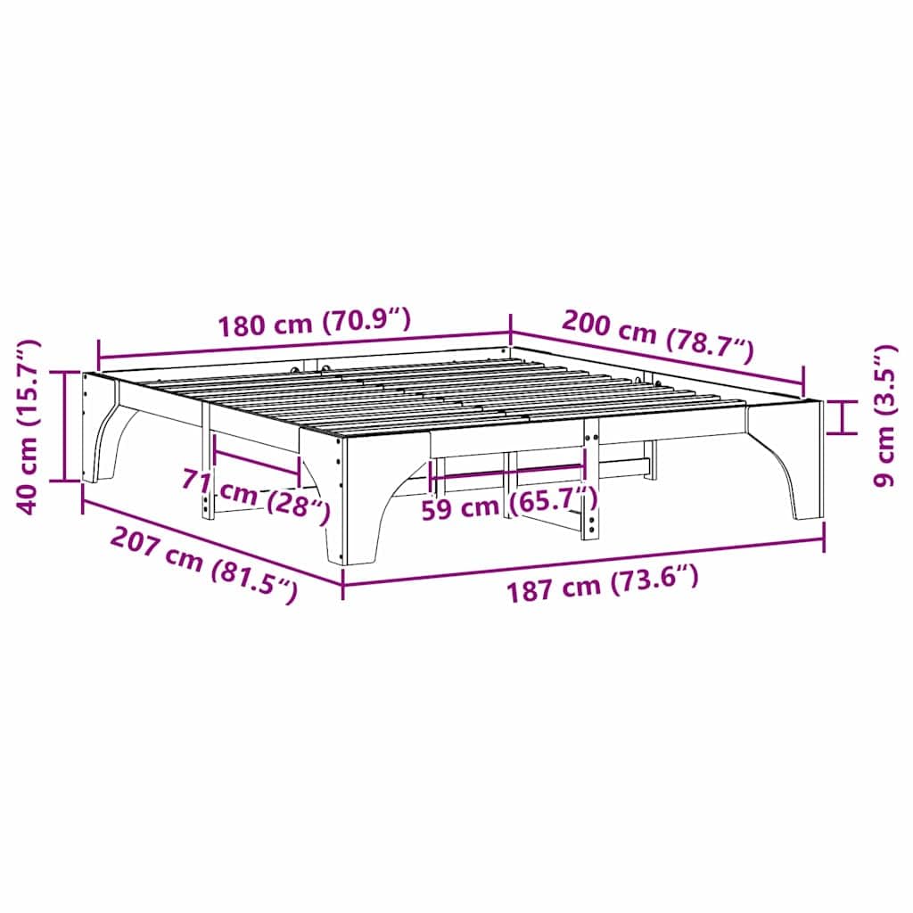 Massivholz Bettgestell, Stabiler Kiefer Material, Bed Frame für Schlafzimmer und Gästezimmer, Minimalistisches Design (180 x 200 cm)