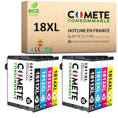 COMETE, Marque française - 18XL - 8 Cartouches Compatible avec Epson 18 XL T1815 Pâquerette - pour Epson Expression Home XP-100 XP-102 XP-200 XP-202 XP-205...