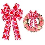Lazo Grande Rojo Rosa para San Valentín, 11.4 x 19.6 Pulgadas Lazo de Corona con en Forma de Corazón, Terminado, para San Valentín, Bodas, Paredes, Puertas, Chimeneas, Decoración de Fiestas (A)