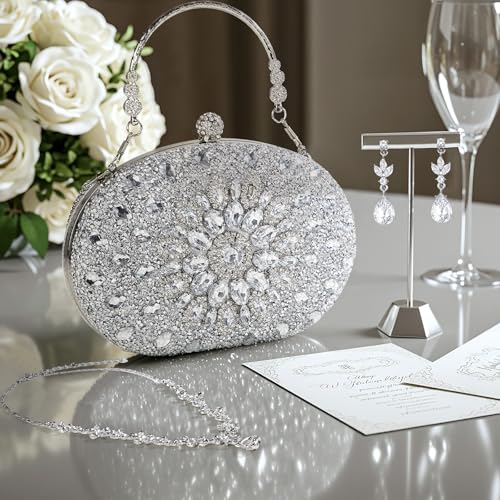 Image of Quelay 4 Pcs Purse Rhinestone Jewelry Set for Wedding Bridal Women Evening Clutch Bag Necklace Dangle Earrings Bracelets