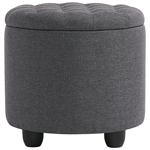 Furnimart Round Storage Ottoman with Cover Lid, Tufted Round Ottoman with Storage Linen Fabric Ottomans for Living Room Bedroom Dorm (Dark Gray)