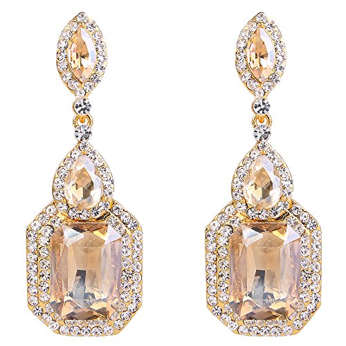 BriLove Wedding Bridal Dangle Earrings for Women Emerald Cut Crystal Infinity Figure 8 Chandelier Earrings Champagne w/ Clear Gold Toned