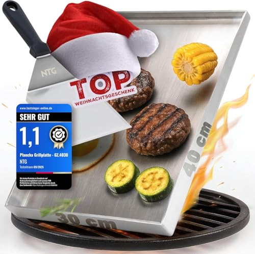 NTG - Grillplatte aus 4mm rostfreiem Edelstahl [40 x 30cm] - Plancha mit Fettablauf und Grillspachtel - für Gas- & Kohlegrill - formstabil Grill Zubehör