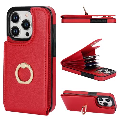 Folosu Compatible with iPhone 15 Pro Case Wallet with Card Holder, 360°Rotation Finger Ring Holder Kickstand, RFID Blocking Leather Protective Double Buttons Shockproof Cover 6.1 Inch Red