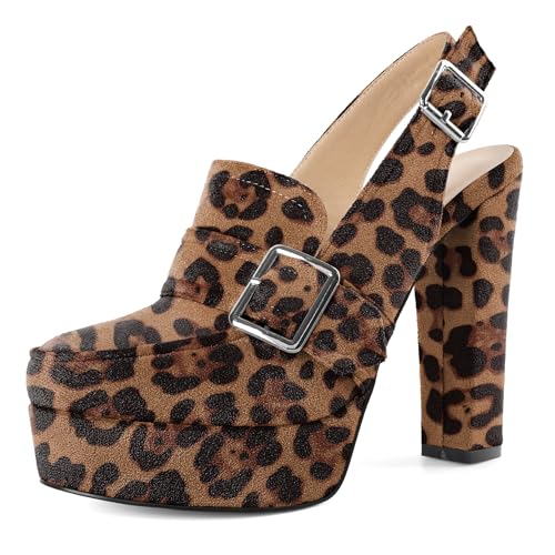 Image of Women's High Heel Loafers Platform Pumps Round Toe Heels Chunky Heel Pumps Stylish Comfortable 4.8 Inch Slingback Heels
