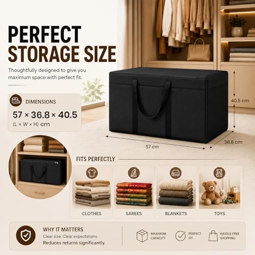 Image of DALUCI Nylon Wardrobe Storage Bags for Clothes 85 L | Moisture Proof Clothes Organizer with Zipper & Strong Handles | Foldable Blanket Saree Toy Storage Box for Closet & Shelves (Black, Pack of 2)