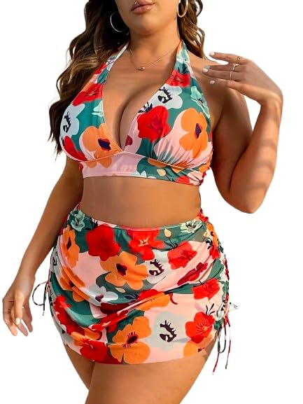 Plus Size Swimwear for Women Floral Halter Bikini Set with High Waist Bottom & Skirted Cover Up Tummy Control Swimsuit