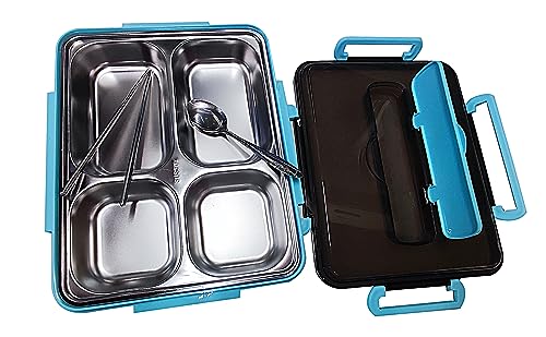 Image of Lunch Box for Adults 4 Compartment Insulated Stainless Steel with Spoon & Fork Tiffin Box for Girls, Boys, School, Office Men & Women (Multicolor)