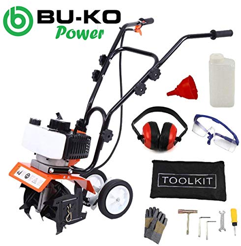 BU-KO 52CC Motoculteur à essence de jardin 3HP 2 temps Cultivateur de sol à gazon Moteur rotovateur Léger Compact Puissant Poignées Sure Grip Construit pour être durable Fiable et robuste