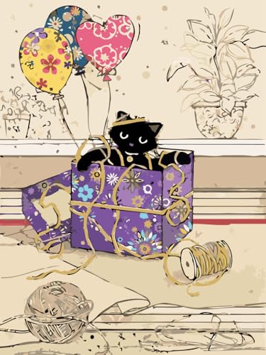 AAJJCENS 王冠の黒猫ぬいぐるみとプレゼントボックス ナンバリング油絵キット カラフル風船に囲まれた愛らしい子猫 デジタルアートセット 数字油絵 数字キット塗り絵 手塗り DIY絵 デジタル油絵 ホーム オフィス装飾 40x50cm (フレームレス)