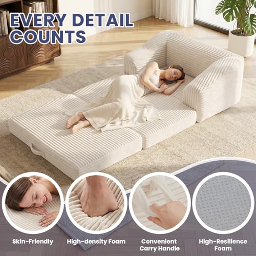Image of Convertible Sofa Bed, 3-in-1 Foldable Loveseat Couch with Armrest, Corduroy Floor Sofa & Sleeper Bed, No Assembly High-Density Foam Futon Mattress for Living Room, Small Apartment, Dorm