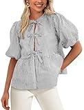 PRETTYGARDEN Women's Tie Front Striped Shirt 2025 Summer Trendy Fashion Cute Babydoll Tops Peplum Puffy Sleeve Blouse (Black,Large)