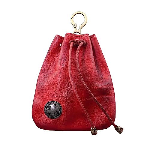Genuine Leather Medieval Coin Purse, Waist Bag Coin Organizer Change Holder Small Leather Drawstring Pouch for Men & Women (Red)