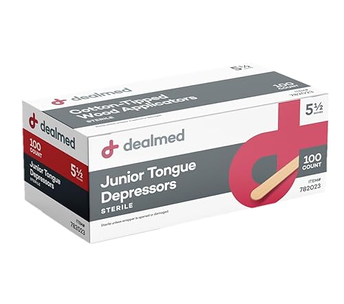 Dealmed Depresores de lengua junior de 5.5 pulgadas, 100 palitos depresores de lengua de madera estéril, envueltos individualmente para práctica