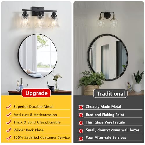 Image of JOPESO Bathroom Light Fixtures,Matte Black 3-Light Bathroom Lights Over Mirror with Glass Shade,Bathroom Wall Sconce Lamp for Mirror Living Room Bedroom Hallway (Black, 3-Light)