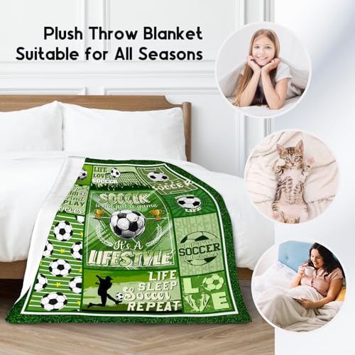 Soccer Blanket - 40x50 Inches Sports Throw Blanket for Boys Kids - Green Soft Fuzzy Blankets for Couch, Sofa & Office