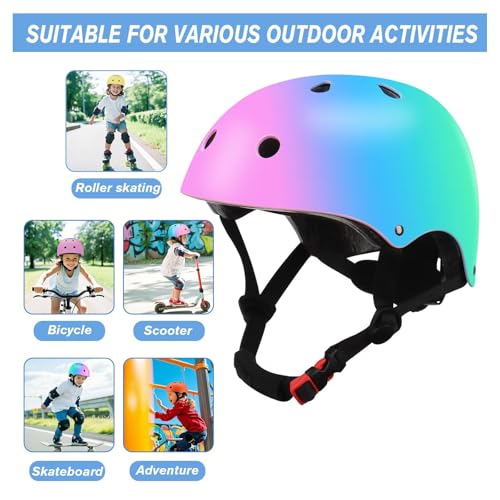 Image of Color Gradient Adjustable Kids Bike Helmet with Knee & Elbow Pads Set | Multi-Sport Safety Gear for Boys & Girls Ages 5-14 | Skateboarding, Scooters, Roller & Inline Skating, Longboarding