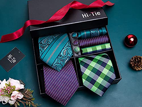 Image of Hi-Tie 3 Pcs Gift Box Mens Tie Set Necktie with Pocket Square Cufflinks Lapel Pin Silk Neck Tie Collection
