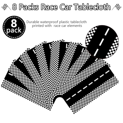 Image of Kesfey 8 Packs Racing Car Plastic Tablecloths 54 x 108 Inch Race Car Birthday Party Supplies Race Track Table Cloth Racing Decoration Road Black Checkered Flag Tablecover for Monster Jam Boy Car Theme