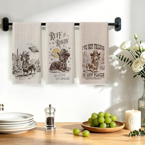 Image of 3 Pcs Western Dachshund Kitchen Towels 24x14 Inch, Preppy Cowboy Dachshund Gifts Reusable Dish Towels for Kitchen Decor, Waffle Weave Absorbent Hand Cloth Tea Towel, Weiner Dog Gifts for Women Friend