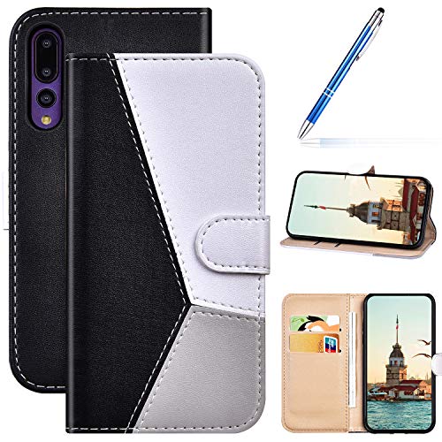 Robinsoni Case Compatible with Huawei P20 Pro Phone Case Wallet PU Leather Geometric Case Kickstand Notebook Cover Folio Flip Stand Book Style Case TPU Silicone Shockproof Marble Case Black White Grey