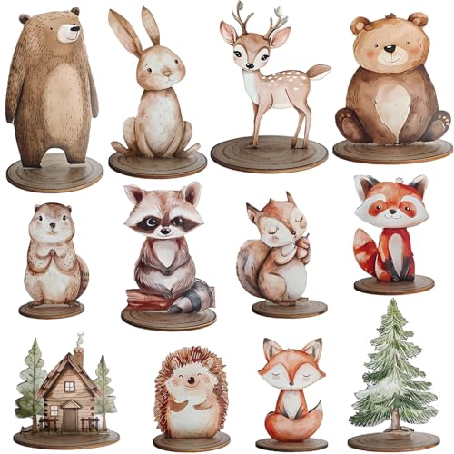 Image of 12Pcs Woodland Animal Figurines and Wooden Table Signs Enchanted Forest Decor Rustic Tiered Tray Centerpieces for Baby Shower Birthday Camp Party Supplies Cake and Tabletop Decoration (Forest Animal)
