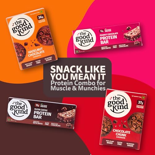 Image of The Good Kind Hazelnut Chocolate (1 Pack), Chocolate Chunk Cookies(1 Pack), Protein Bar (2 Pack)- 200gm, High Protein Cookies with Almond Butter & Millet Flour, Perfect for Snacking, Gluten Free, Vegan & Palm Oil free ( Pack of 4 )