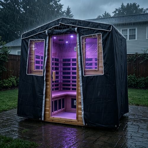 Image of LTCCDSS 5-Person Outdoor Sauna Cover, 3-Layer Oxford Cloth Waterproof Protector | Hook & Loop Roll-Up Door, Heat Retention & Dustproof, Fits Hillside Roof Sauna Within 81.1 * 60.6 * 83.5 Inch