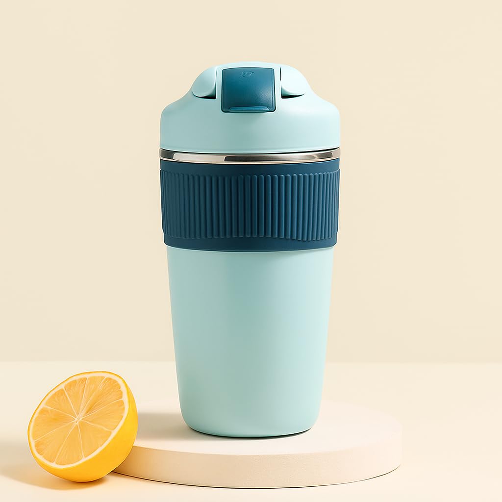 YELONA Macaroon 480 ML Double Wall Insulated Travel Coffee Tumbler Mug Sipper Thermos with 2in1 Flip Up Inbuilt Straw and Sip Lid, Leak Proof (Mint Blue, Stainless Steel)