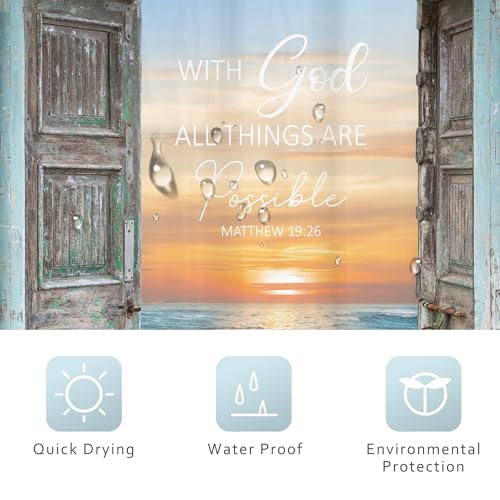 Riyidecor Beach Bible Verse Shower Curtain 60Wx72H Inch Barn Door Christian Coastal Ocean Teal Inspirational Seaside Hawaiian Nautical Rustic Bathroom Decor Fabric Polyester Waterproof 12 Pack Hooks - Image 7