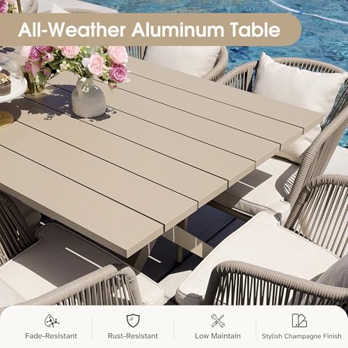 Image of PURPLE LEAF 5 Pieces Patio Dining Set Wicker Outdoor Furniture Rectangular Table and Chairs Set for Garden Deck Aluminum Frame Backyard Kitchen Set, Cushions and Pillows Included Champagne