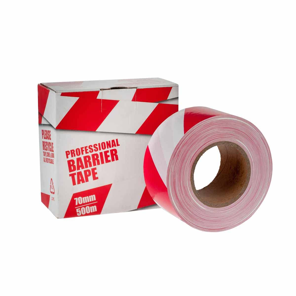 Barrier Hazard Tape Red and White Striped 70mm x 500 Metres Boxed