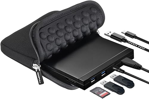 ROOFULL Unidad externa de CD DVD +-RW con puertos USB y lector de tarjetas SD y estuche de transporte, USB 3.0 tipo C CD DVD Grabador de disco