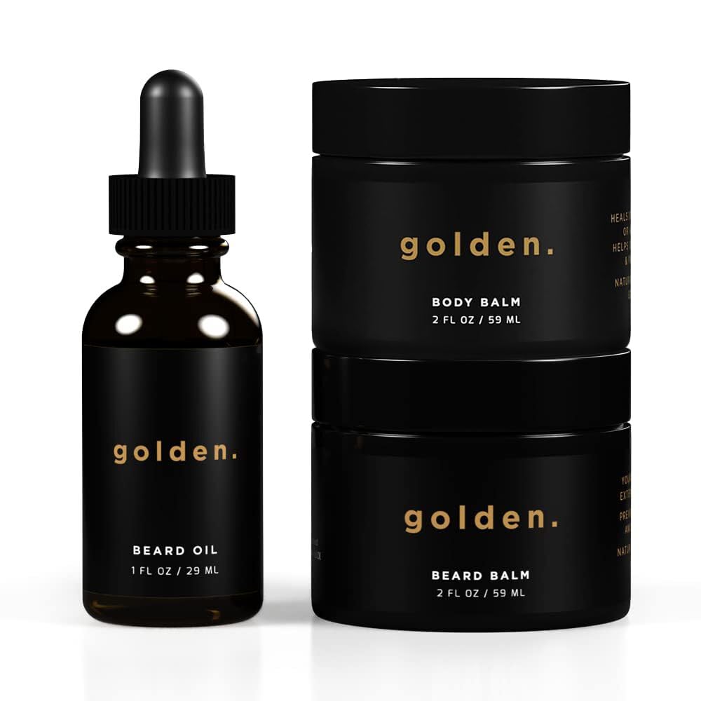 Golden Grooming Co. Beard Oil & Beard Balm Bundle for Men - Natural & Organic Beard Growth Kit w/Body Balm - Christmas Gift for Men - Moisturize Beard & Mustache - Infused with Shea Butter -