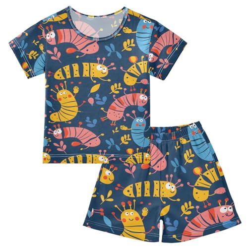 ALAZA Cute Caterpillar Pajamas Set Short Sleeve Cotton Sleepwear Summer Pjs 2 Piece 5-14Y