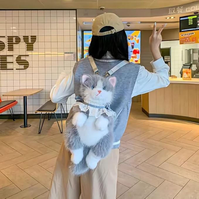 Image of This unique and adorable backpack is great for cat lovers and fashion | Experience the charm of our Realistic Stuffed Cat Shaped Backpack, designed to resemble a lifelike cat |