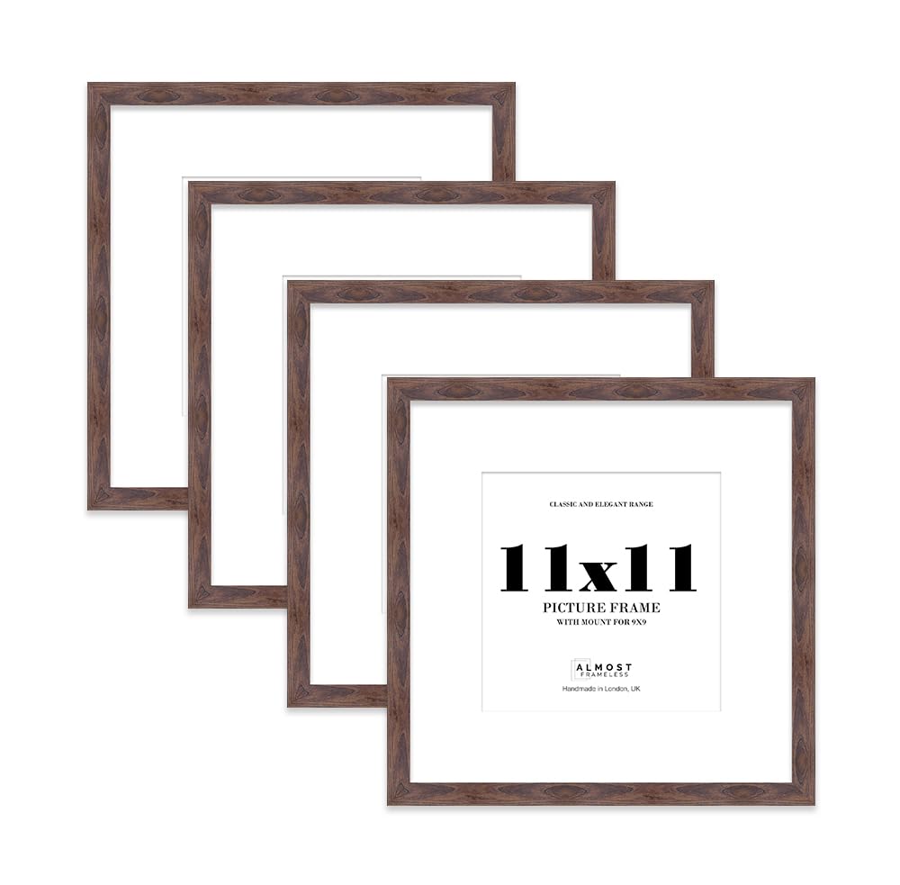 11x11 Walnut Picture Frame with Mount for 9x9 Photos, Prints - Modern Square Wall Frame, Set of 4