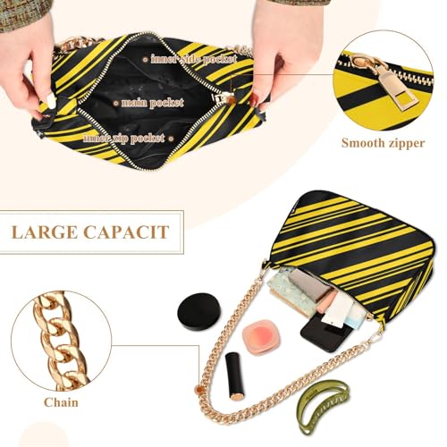 Clutch Tote Handbags with Removable Chains and Zipper Closure Black Yellow Diagonal Striped Shoulder Purse Hobo Handbag for Women4