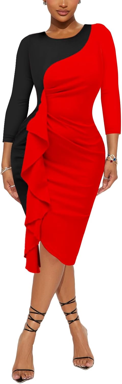 Women's Ruffle Wear to Work Dress, Long Sleeve Crew Neck Colorblock Sheath Bodycon Midi Dresses - Image 5