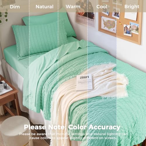 Image of HYMOKEGE Mint Green Twin XL Comforter Set Seersucker 5 Pieces, All Season Luxury Bed in a Bag for Bedroom, Bedding Set with Comforter, Sheets, Pillowcase & Sham