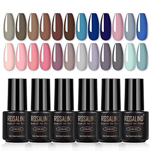 ROSALIND 24PCS Gel Nail Polish Set, Brown Chocolate Green Teal Gel Nail Polish Soak off UV Skin Tones Neutral Color Gel Polish ,Fall Winter Gel Nail Polish Mini Bottle Gel Polish for Women --7ML