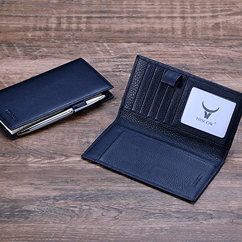 Image of HISCOW Soft Leather Checkbook Cover & Card Holder with Divider - Italian Calfskin, Pebbled Blue, One Size, Contemporary