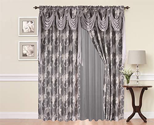 Jacquard Floral Pattern Curtain Set 2 Panel Silver Grey With Attached Fancy Valance and Sheer Backing With 2 Tassel Tie Back - Window Curtains for Bedroom, Living Room or Dinning Room