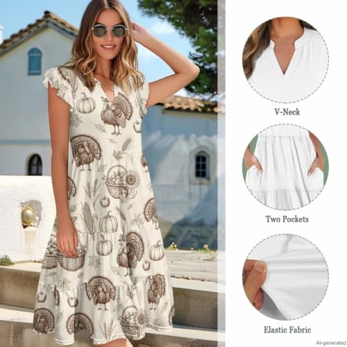 Image of Women's Casual Ruffle Sleeve Dress V Neck Pullover Dress Flowy A-Line Pleated Lightweight Dress with Pockets