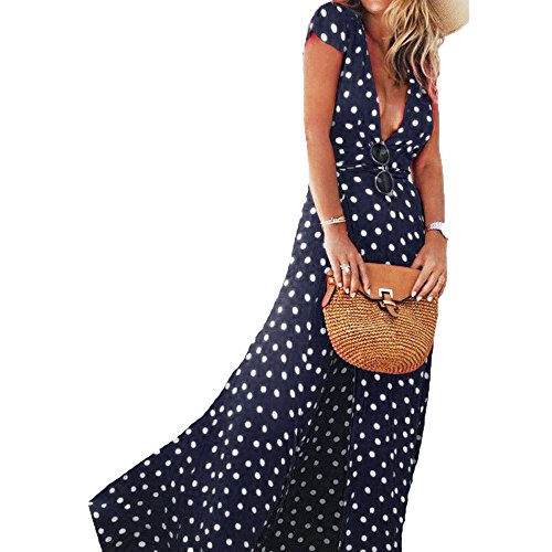 Letter Femmes D'été Boho Longue Maxi Robe en Mousseline de Soie V-Cou Soirée Robe De Cocktail Casual Plage Robe (Marine, L)
