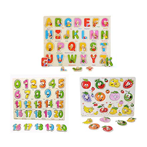 FLORMOON Puzzles de Madera Números Letras y Frutas Juguetes Educativos Rompecabezas de Clavijas de Madera para 1 2 3 + años para niños pequeños, niña (Paquete de 3) Cover