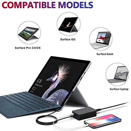 AUKEH 65W 15V 4A Surface Cargador Adaptador de Corriente para Microsoft Surface Pro 3/4/5/6/7/X,Surface Laptop/Book/Go Modelo 1706 con Puerto del USB y Cable Extensión Alimentación …
