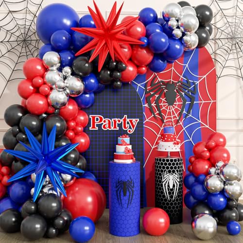 Image of Spider Balloon Arch Garland Kit - 151Pcs Spider Theme Birthday Decorations Royal Blue Black Red Silver Spider Arch Kit for Man Baby Shower Super Spider Hero Theme Boys Kids Party Decorations