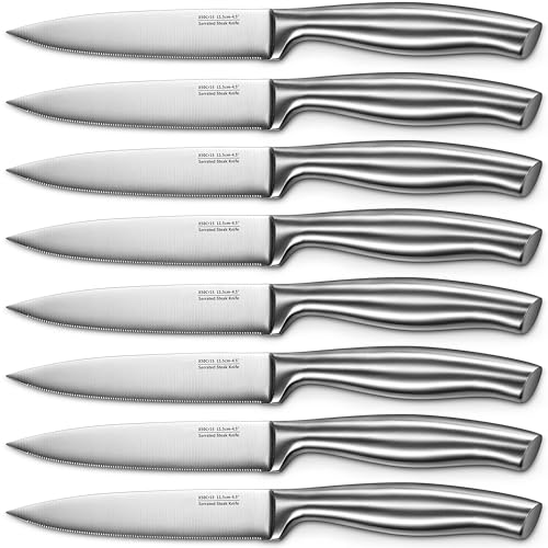 D.Perlla Steak Knives, Micro Serrated Steak Knife Set of 8, High Carbon Stainless Steel Steak Knives Set, Elegant Sharp Kitchen Steak Knife Set, Silver
